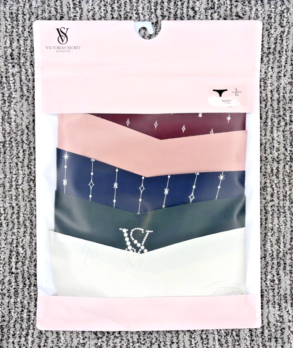 Victoria’s Secret NEW Large No Show Shine Thong Panties 5 Pack Multi Logo Sexy