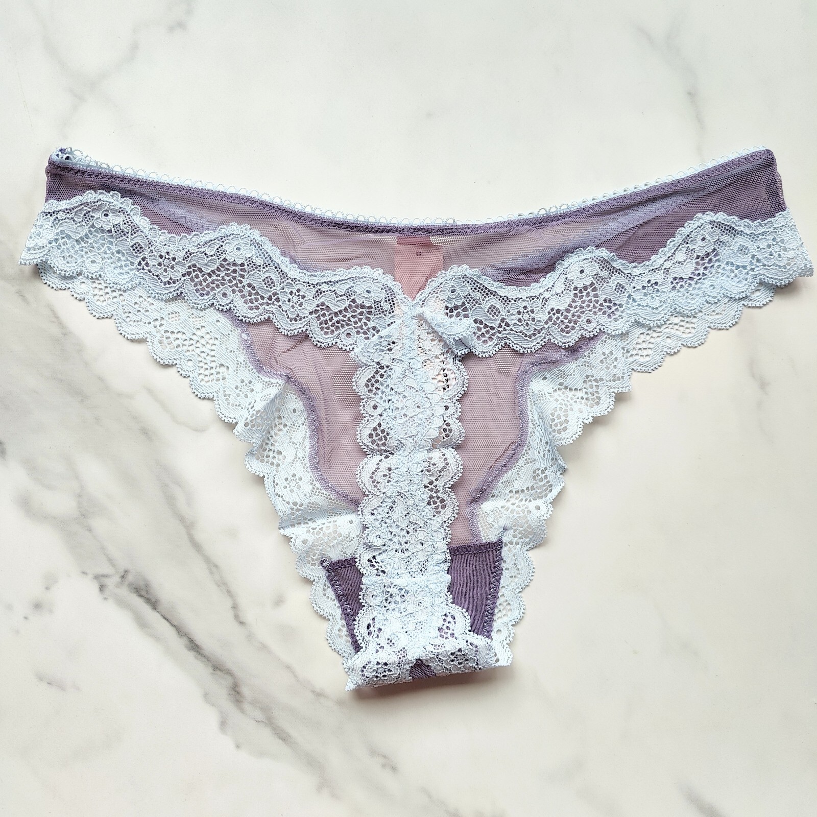 Victoria’s Secret Tease Mesh Lace-Trim High-Leg Thong Panty Frozen Plum S/M/L/XL