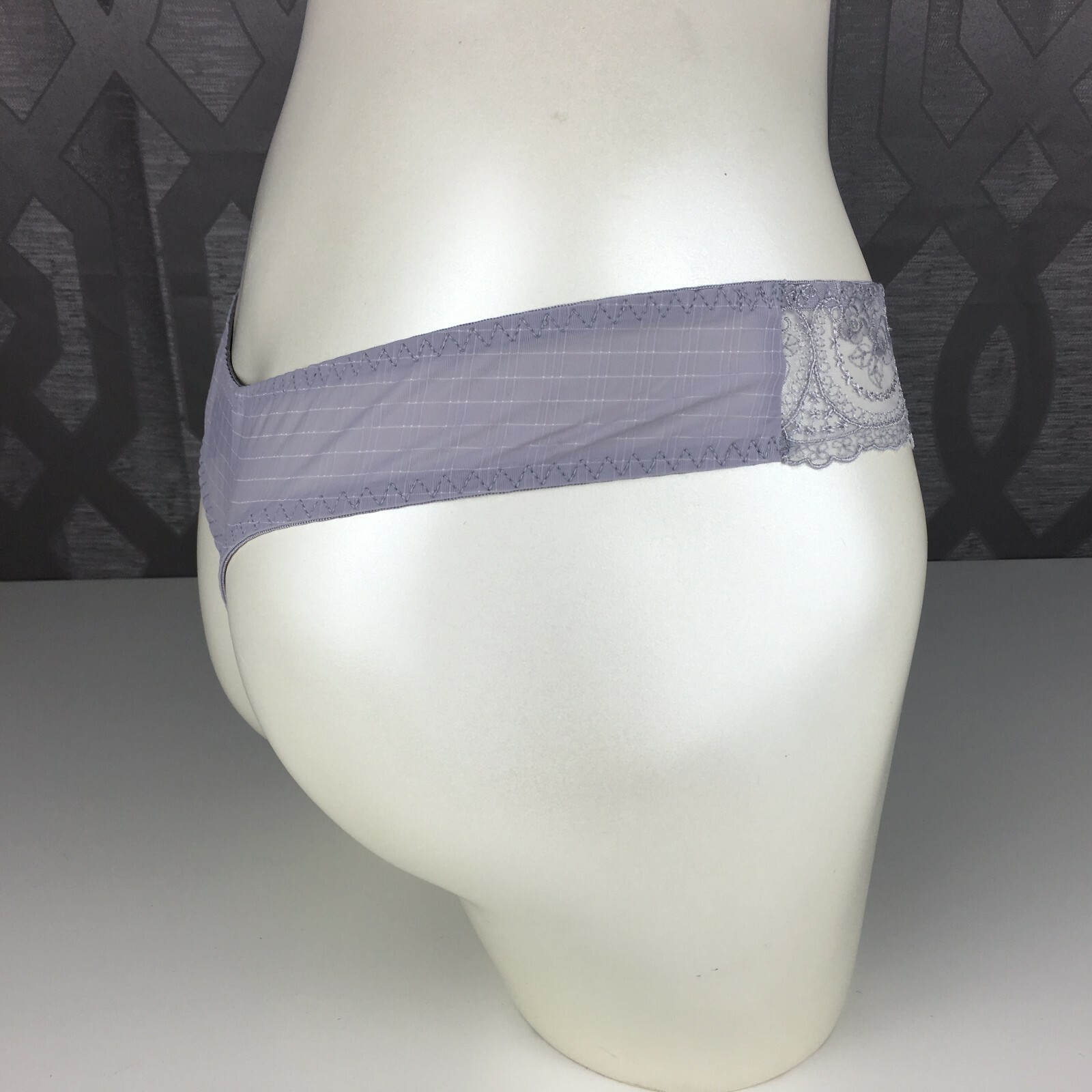 ALEGRO Soft Grey Embroidered Sheer Thong Panty Lingerie with Lace Trim – 9017D