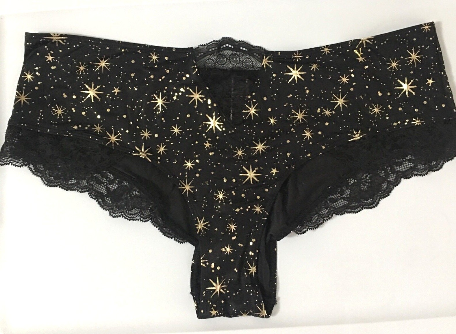 Victorias Secret Black Gold Stars Cheeky Panty Size S-M-L Micro Lace Inset Silky