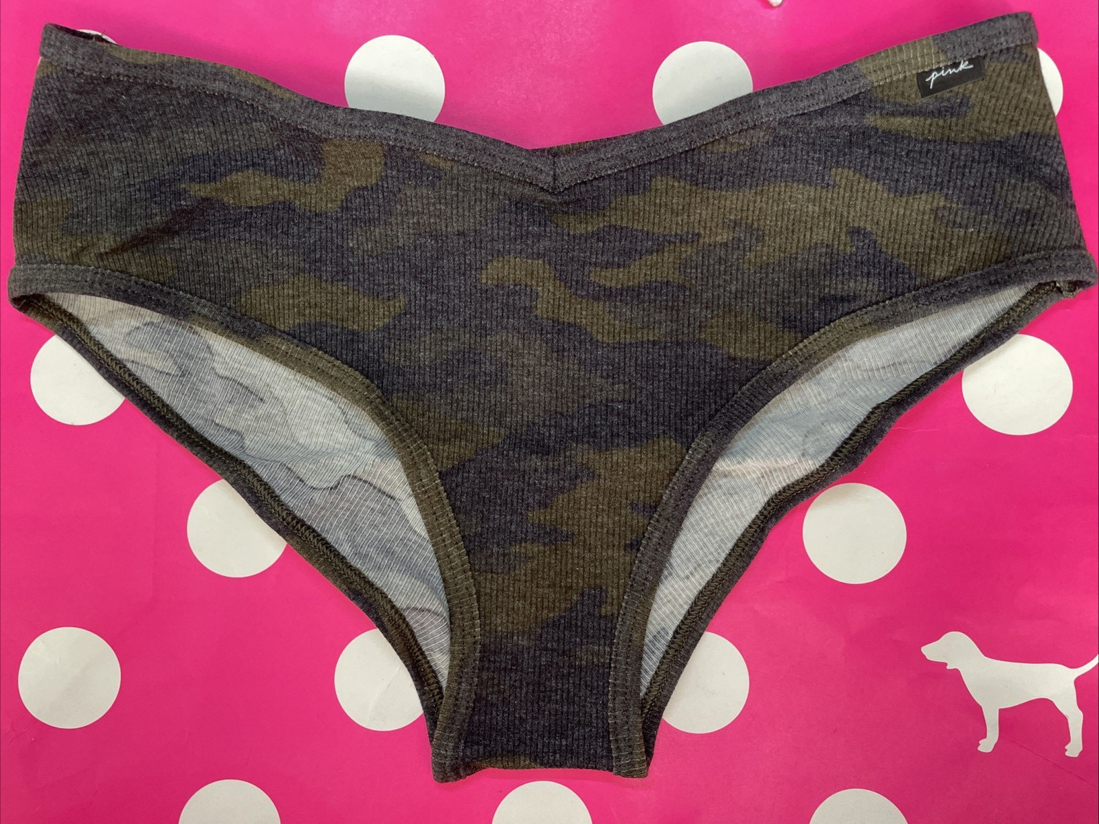NEW 2021 Victoria’s Secret PINK Cheekster Tanga Panties Ribbed V Front L Camo