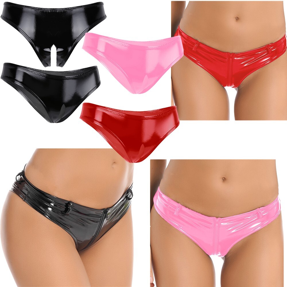 US Women Shiny Metallic Breifs Wet Look Open Crotch Underwear High Cut Knickers