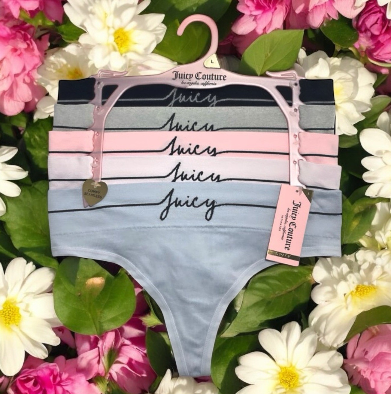 Juicy Couture Thong Panty Underwear 5 Piece Black, Pink, Blue, Gray Set Size L