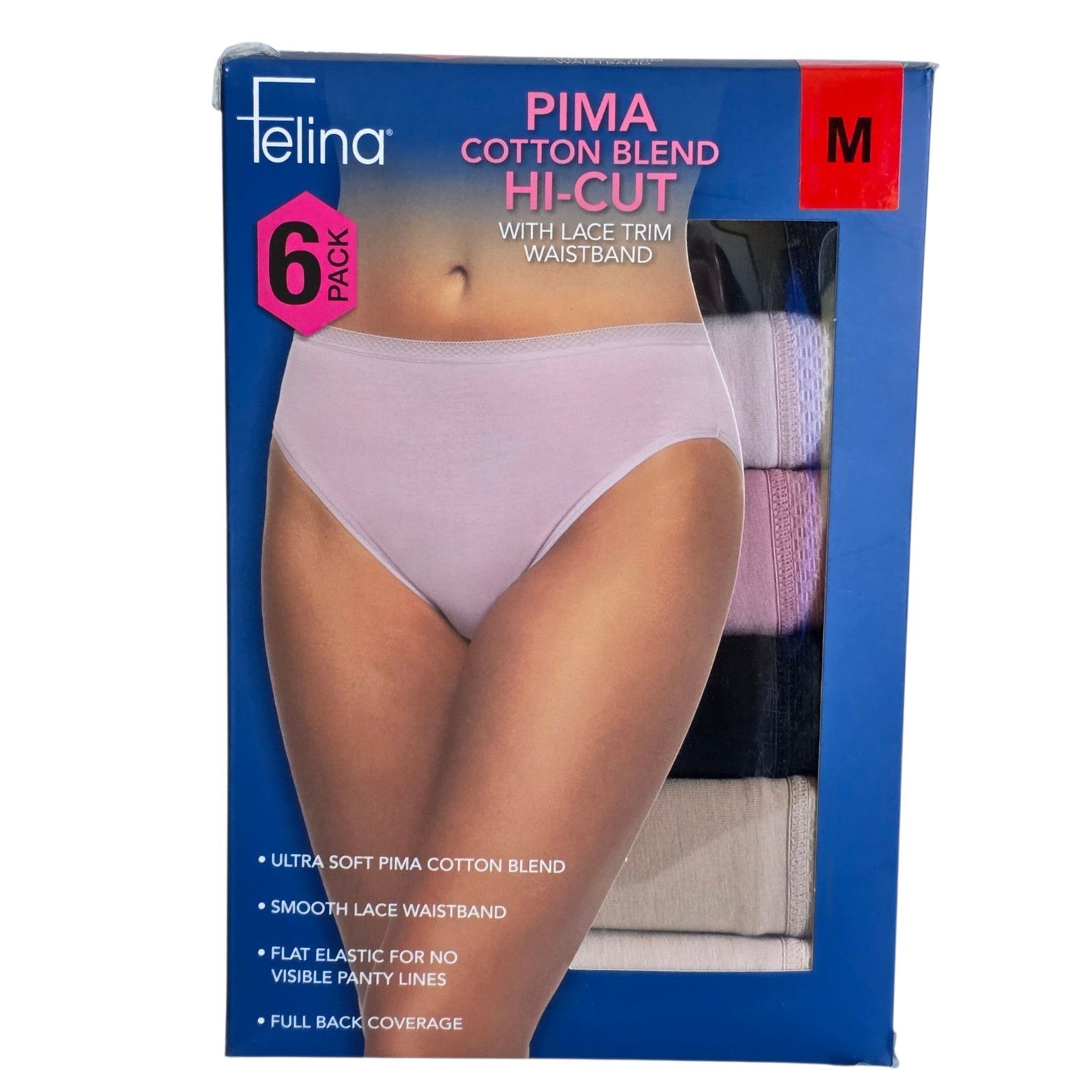 Felina Pima Cotton Blend Hi-cut with Lace Trim Waistband 6 Pack Medium NIB