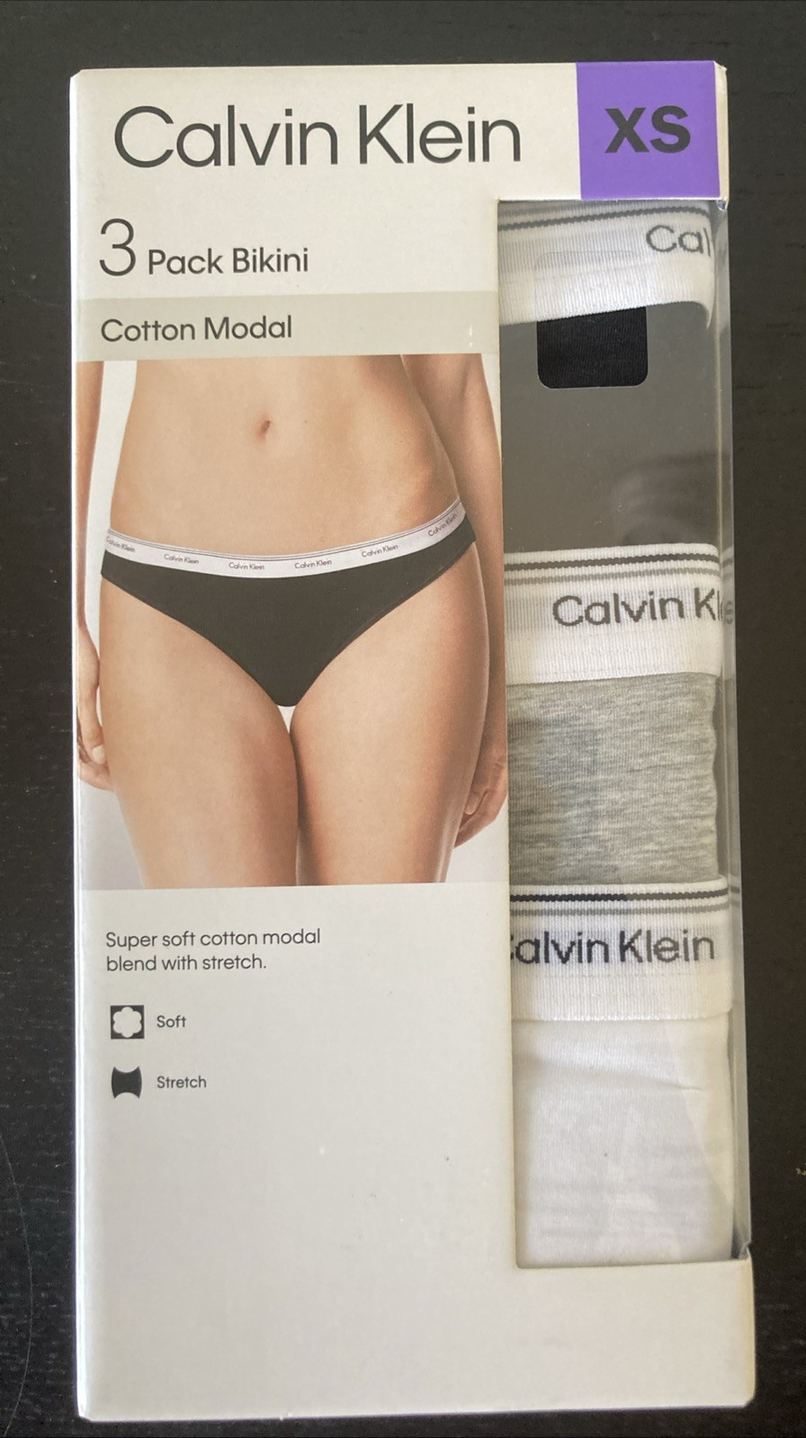 Calvin Klein Women’s Cotton Modal 3-Pack Soft ,Stre Bikini, Black/Gray/White XS