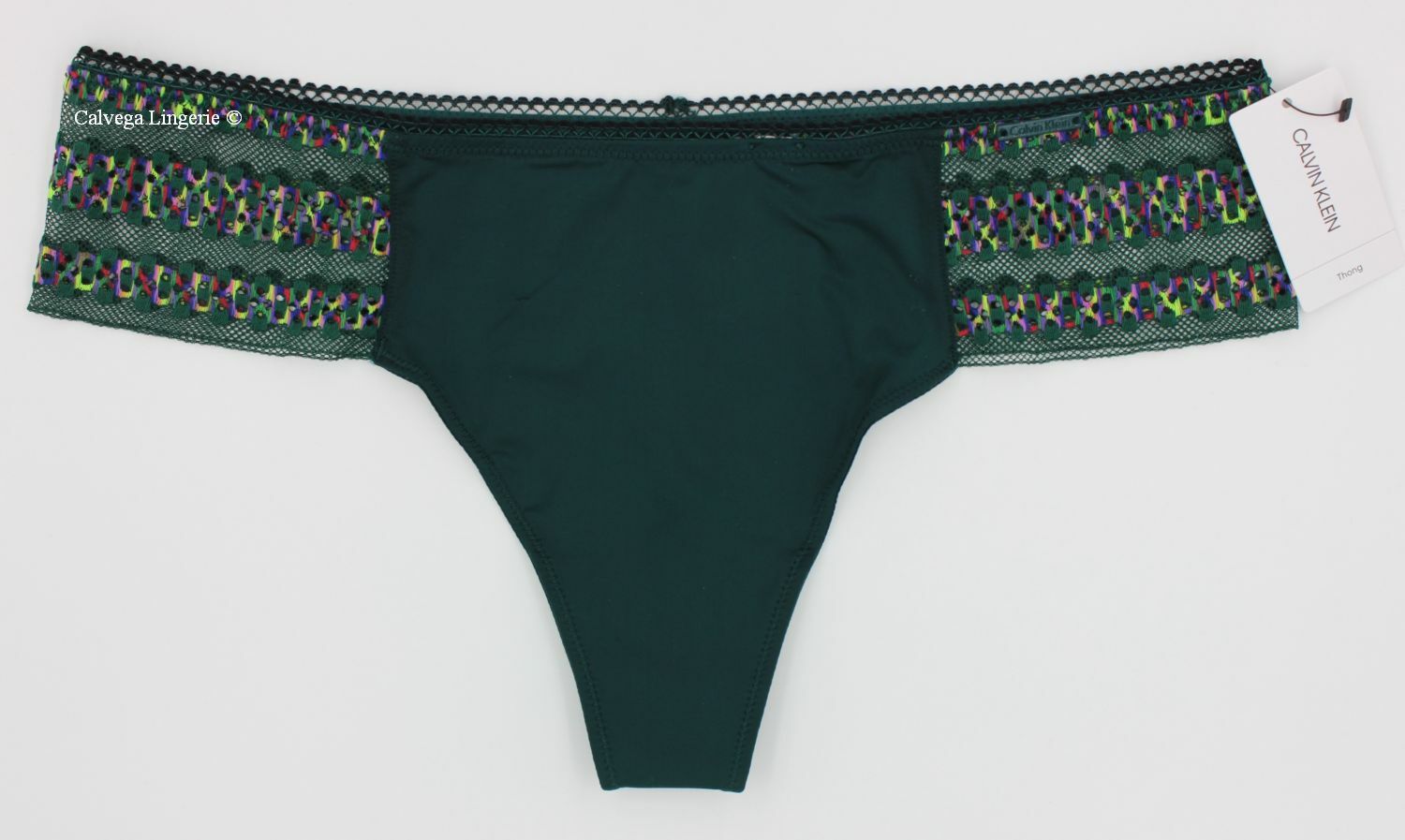 NWT Calvin Klein QF5874 “Striped Lace” Nylon w/ Lace Thong, Dark Green (989)