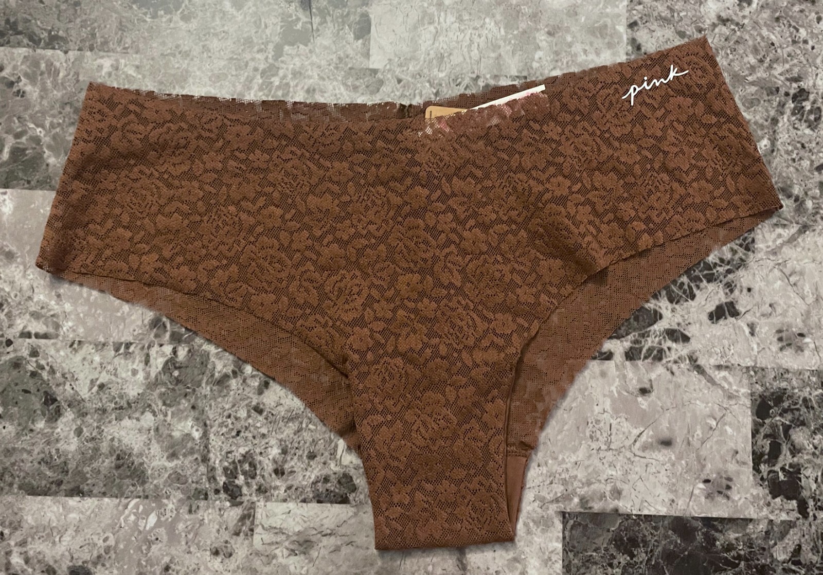 NWT VICTORIA’S SECRET PINK LARGE BROWN FLORAL LACE NO SHOW CHEEKSTER PANTIES