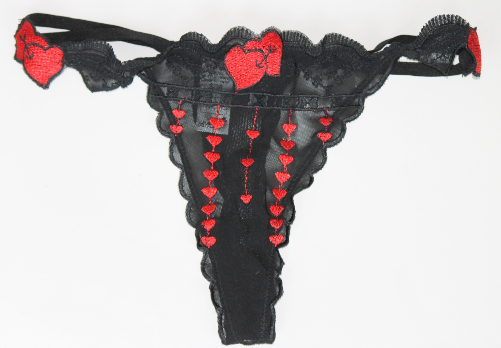 Valentine sze 8 Designer Heart thong knickers panties briefs sheer Black and Red