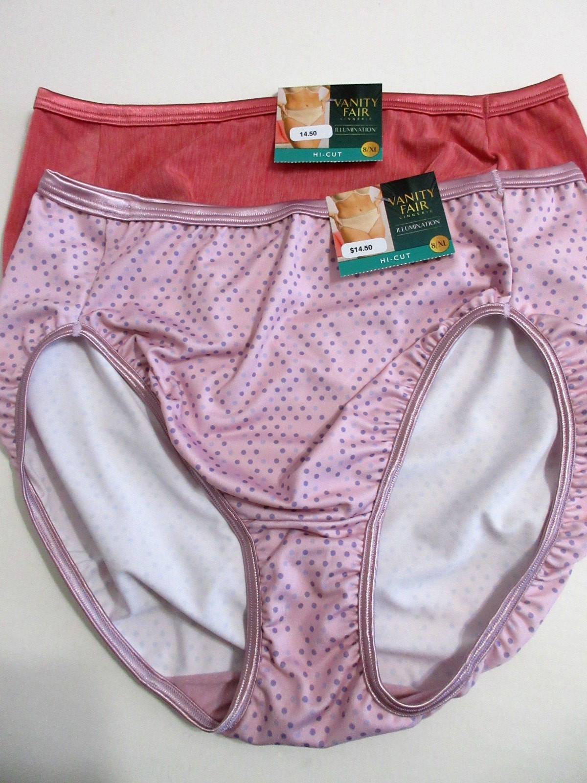 Vanity Fair 2-Pair Body Shine Illumination HI-CUT Brief poly nylon Pink ~ 8/XL