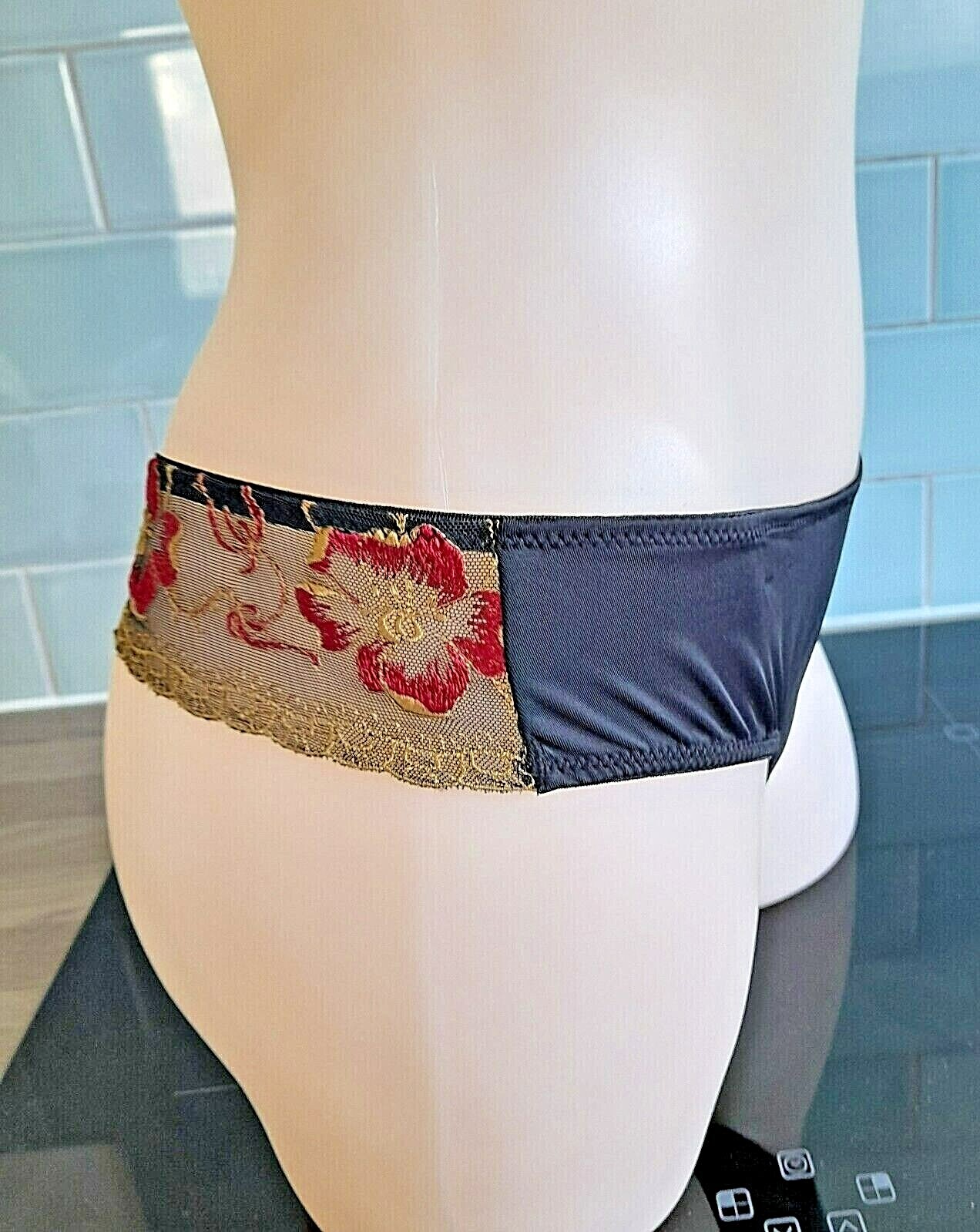 Panache Black Porcelain Oasis Thongs With Red/Gold Embroidery