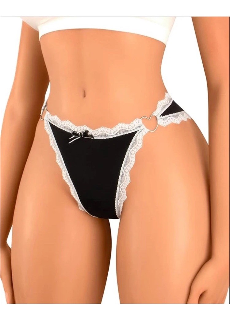 Women’s Cotton Thong/String Panties Solid Lace Trim w/ Bow Accent Black/White