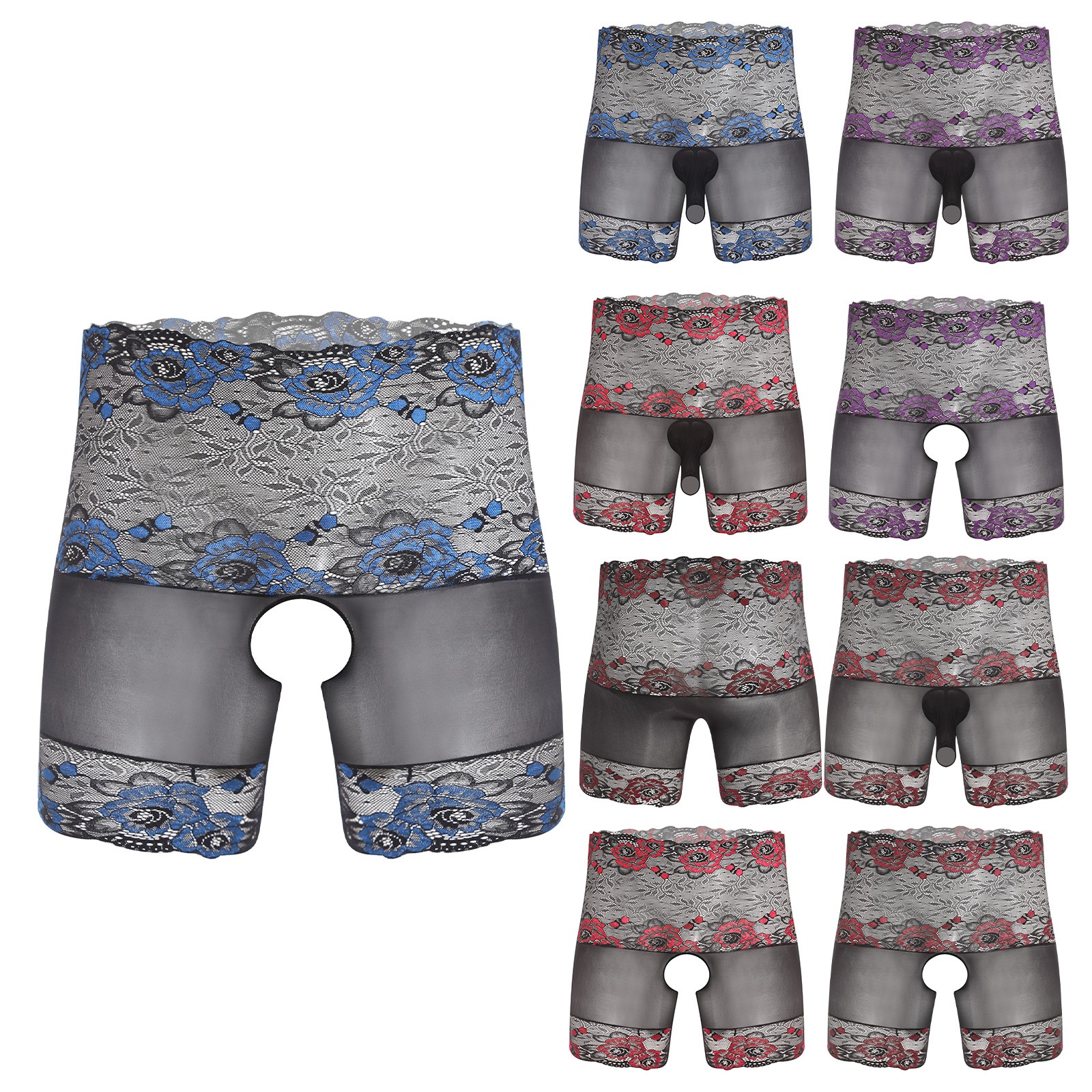 Mens Glossy Sheer Boxer Shorts or Sheath with Opening Floral Lace Trim Underwear