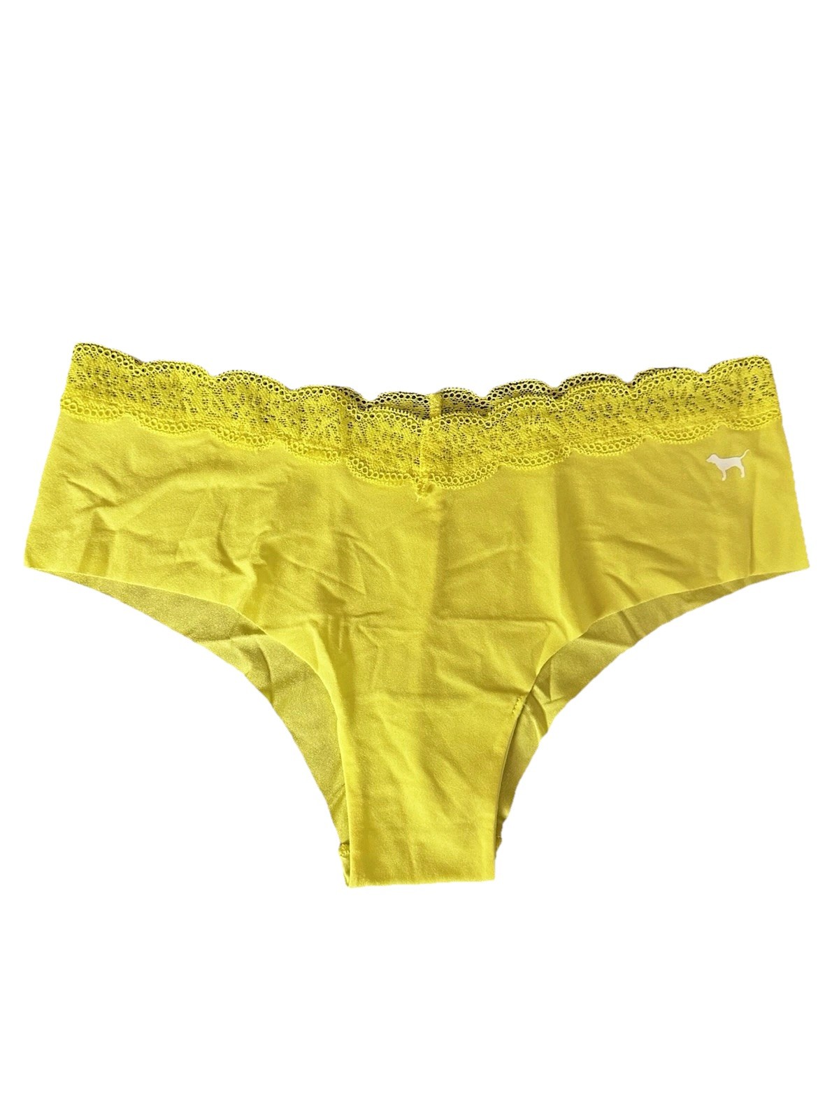 PINK Victoria’s Secret Cheekster Tanga Panty M Neon Yellow Lace Waist Logo Dog