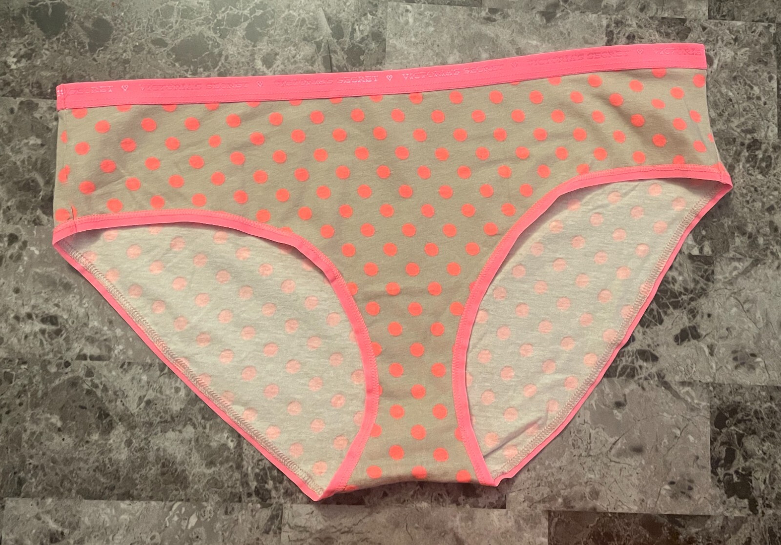 NWT VICTORIA’S SECRET XL NEON PINK CORAL POLKA DOT LOGO RARE HIPHUGGER PANTIES