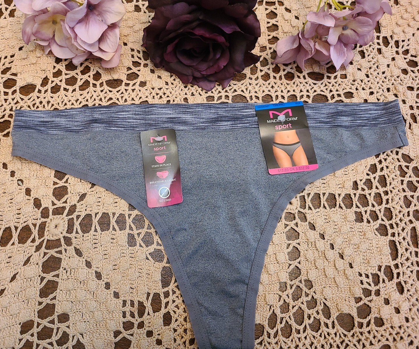 XL/8 Maidenform Logo SPORT Thong Panty Charcoal Heather DMMSMT – NWT
