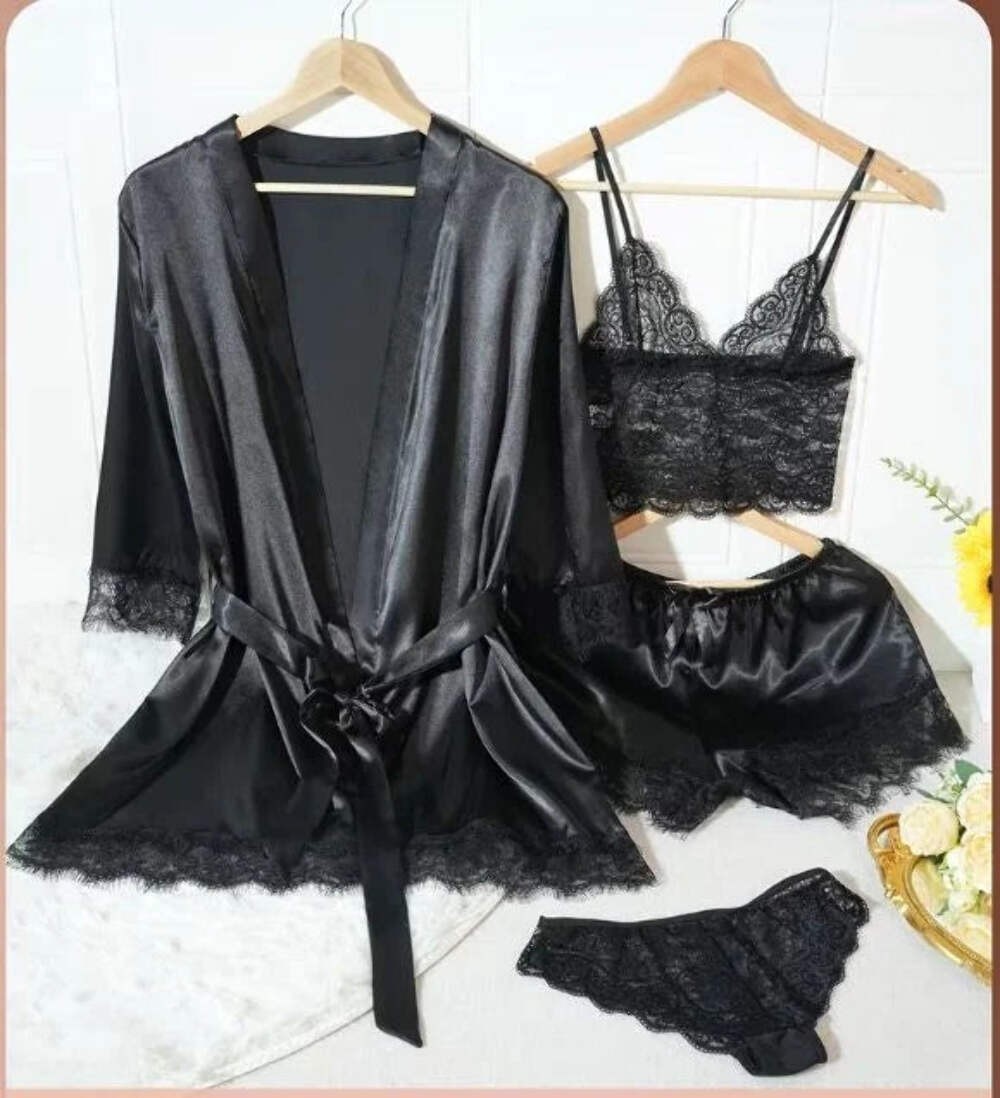 Silky feel black satin black lace trim 4 piece lingerie set size 12-14 (L)