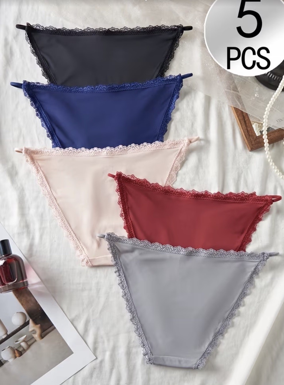 Women’s Bikini Briefs Stretch Lace Rim Elastic Waist Bow Red Navy Black 5Pk L