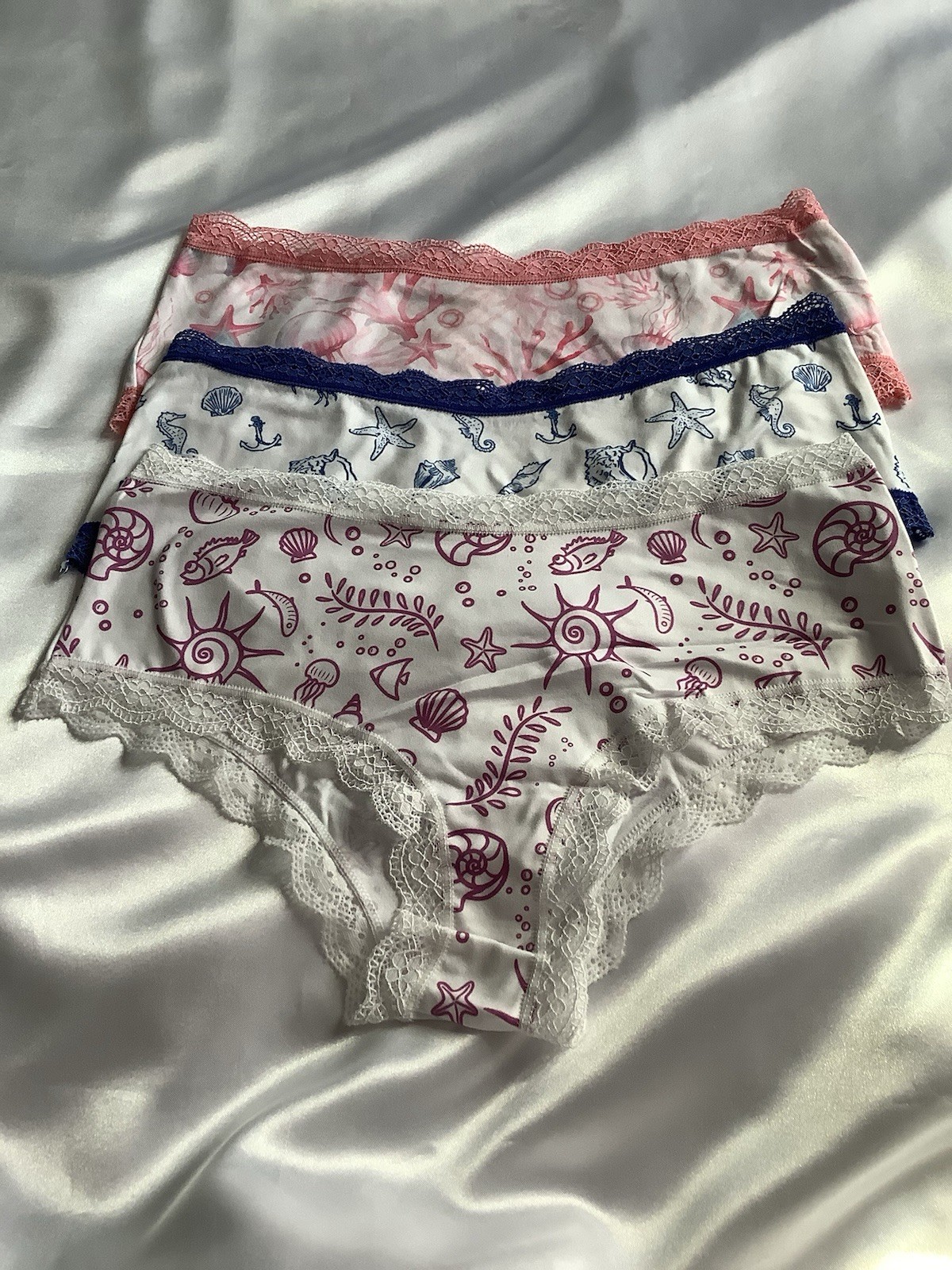 Women’s Teen Marine Life Bikini Brief Panties Lace Trim Stretch Blue Pink 3pk M