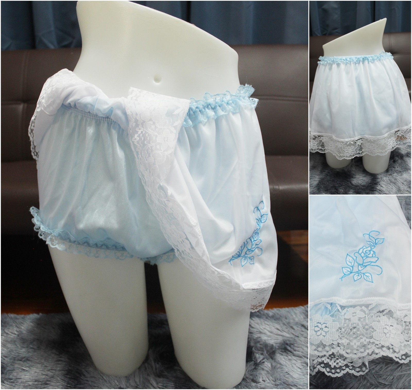#A103 2XL/ElasticW.24-44″ 2in1 Blue Nylon Full Brief + White Half Slip 15″