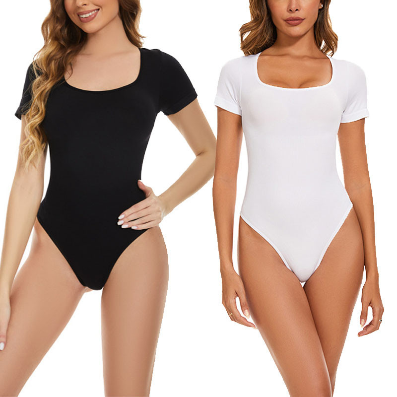 Women’s Square Neck Bodysuits – 2 Pack Short Sleeve Stretchy One-Piece