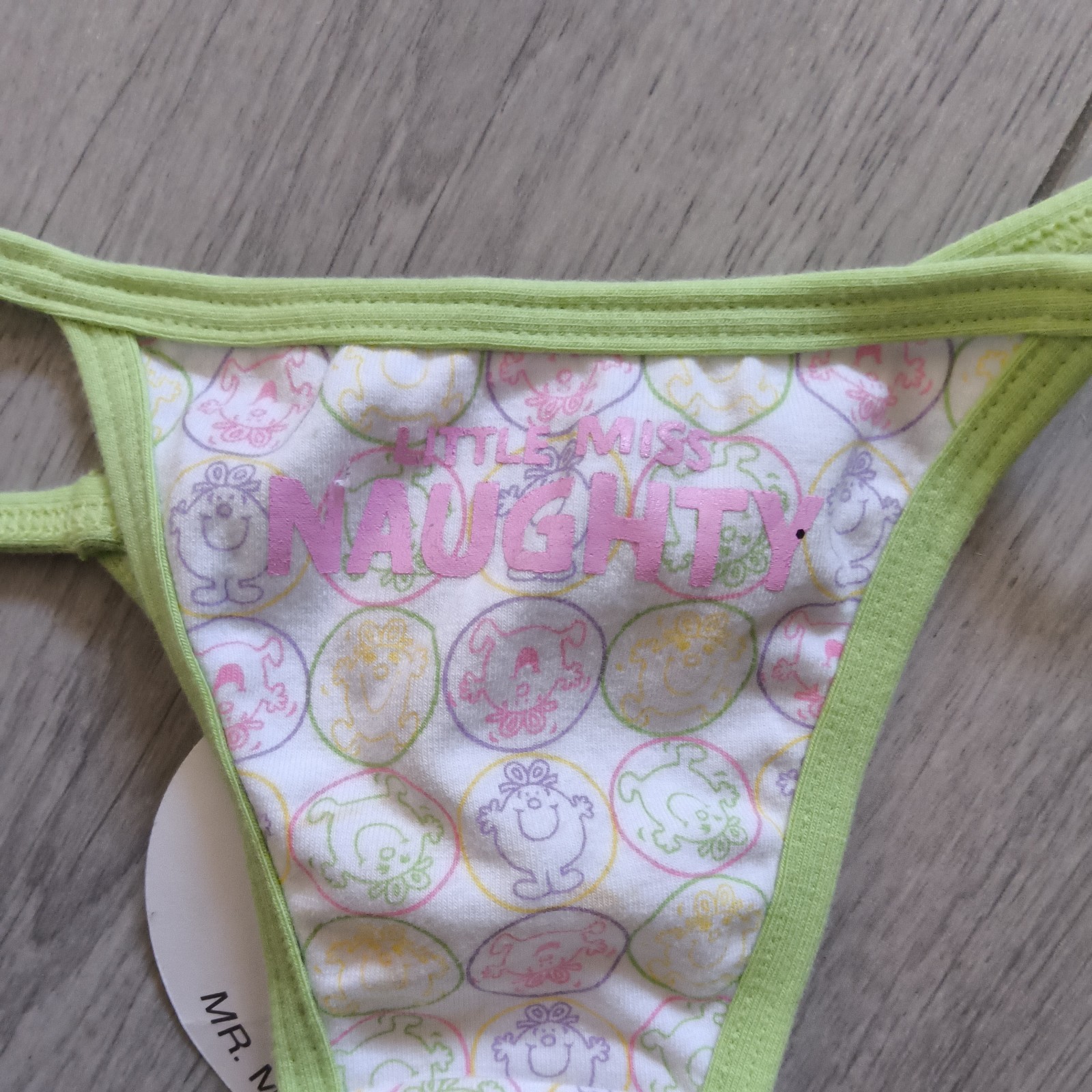 BNWT Vintage La Senza White & Green Little Miss Naughty Thong Size 6-8