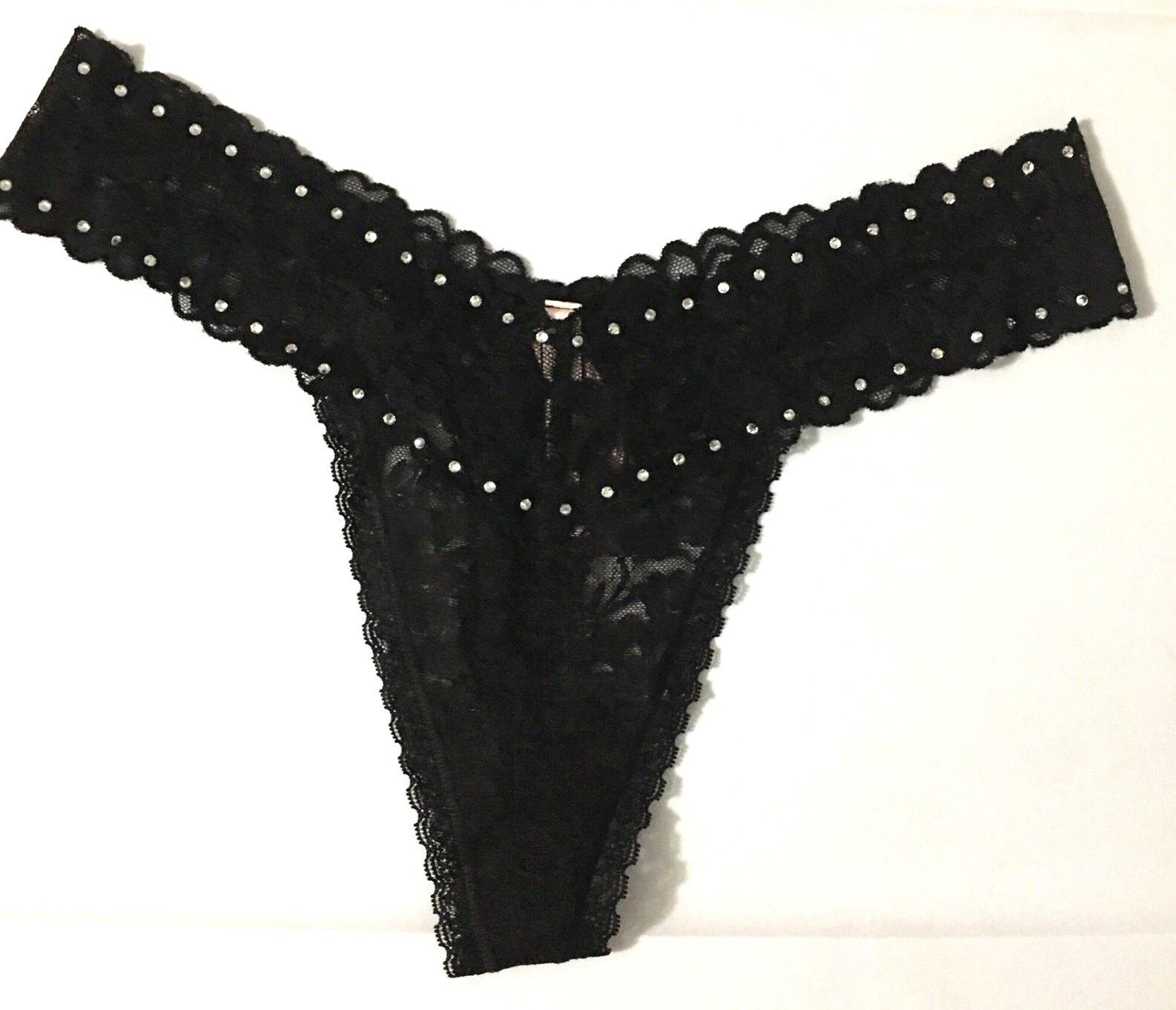 Victorias Secret Black Lacie Thong Panties Size L Sexy Rhinestone Accents Flirty
