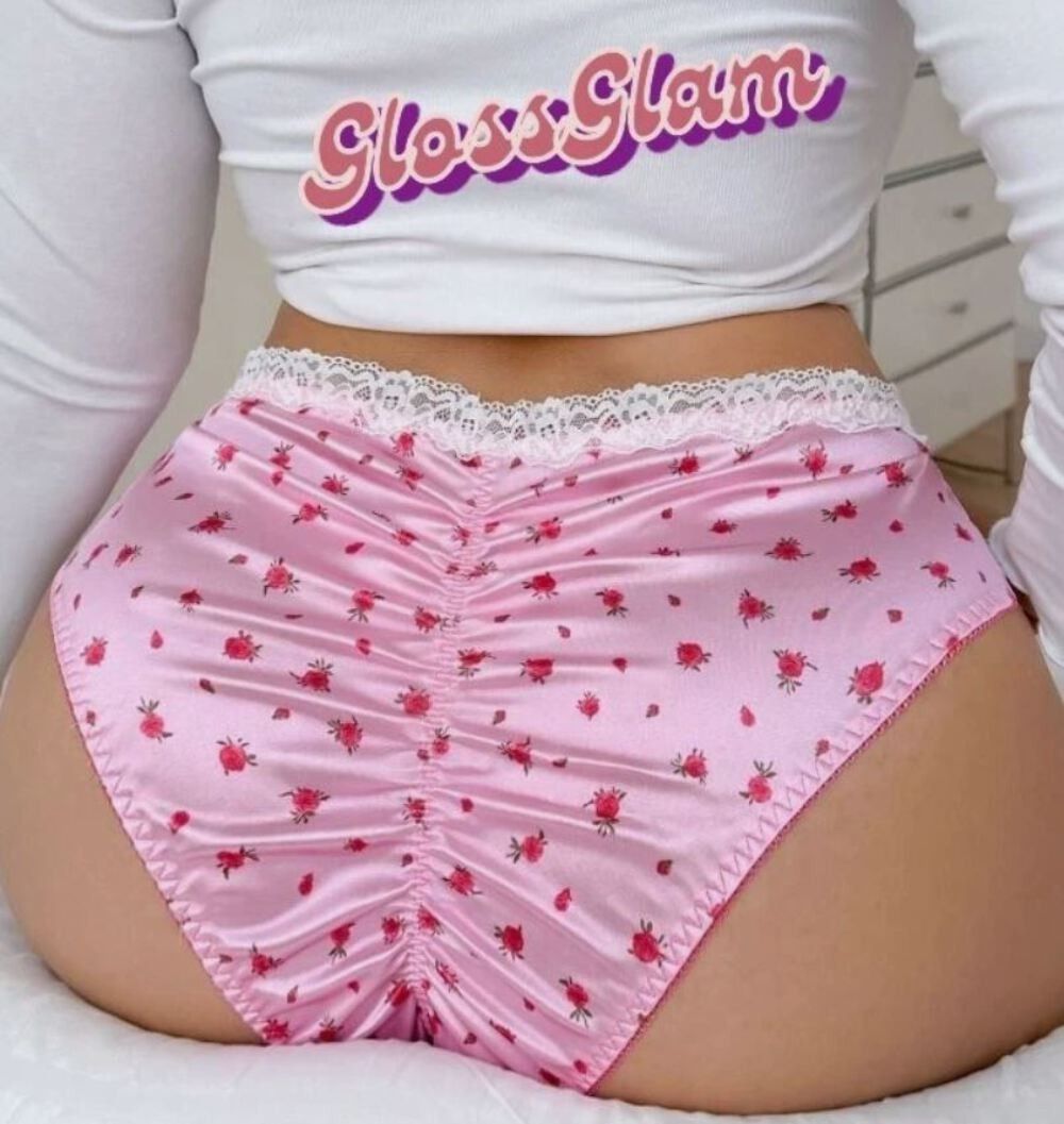 Women Satin Ruched silky Knicker Pink Rose Print Lace Trim Panties size XL 16-18