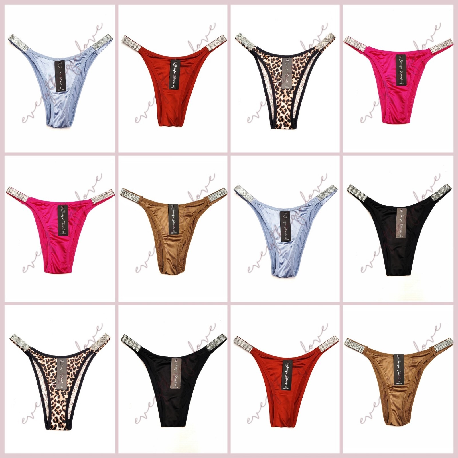 Brilliant Rhinestone Straps Shiny Satin Cheeky Knicker Brazilian Thong Panties