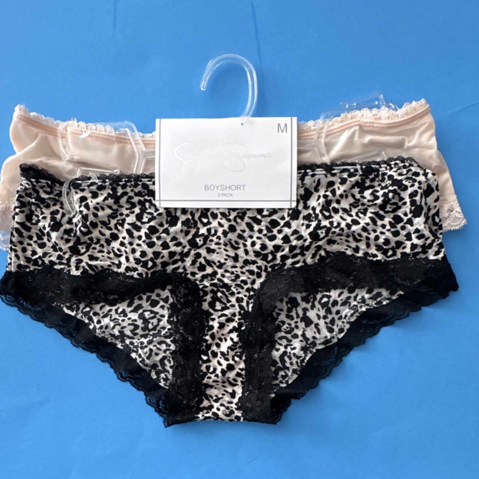 NWT $24 Jessica Simpson Boyshort Panties 2 Pack Medium Leopard Beige Lace