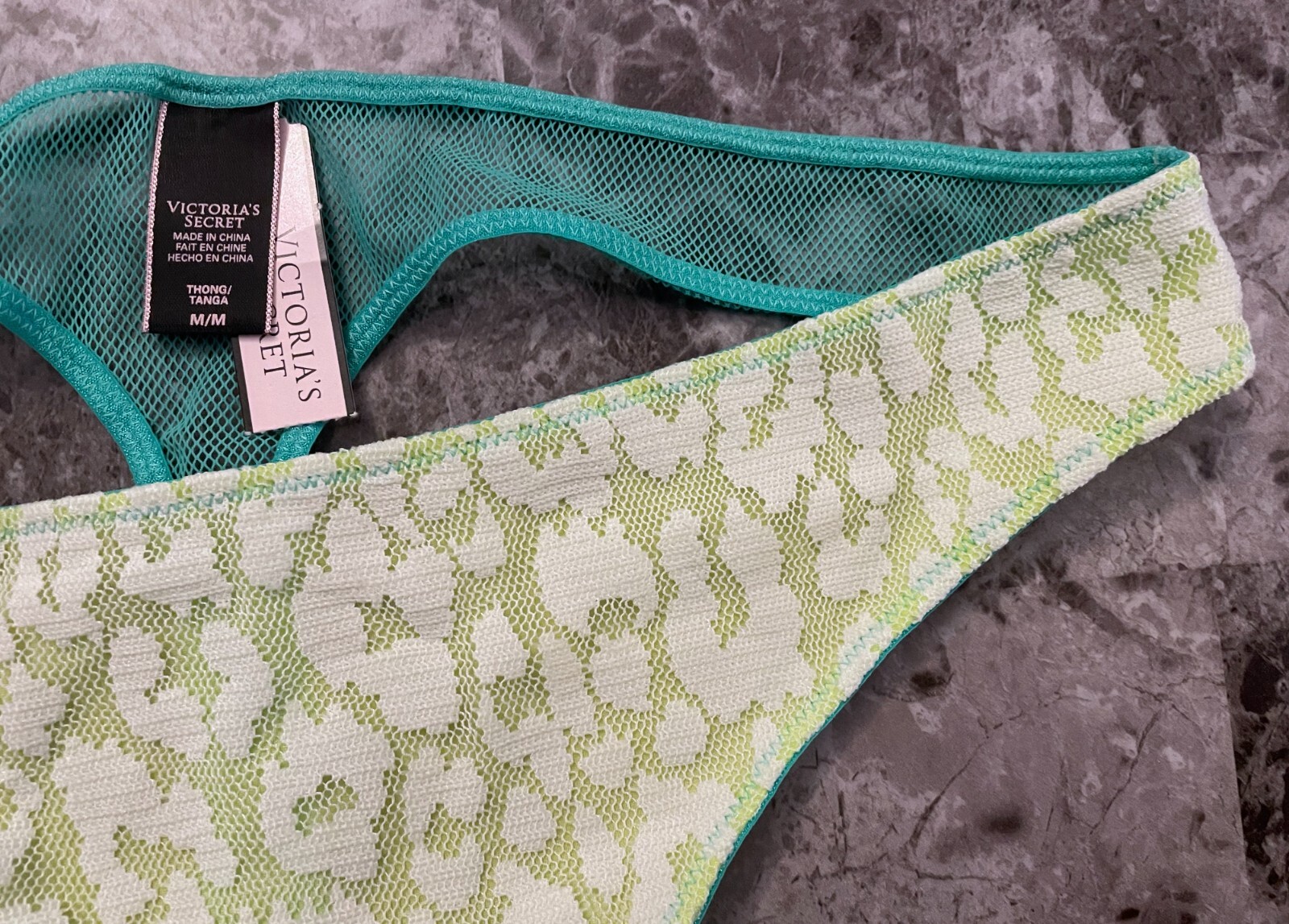 NWT VICTORIA’S SECRET MEDIUM YELLOW LEOPARD TEAL NETTED MESH RARE THONG PANTIES