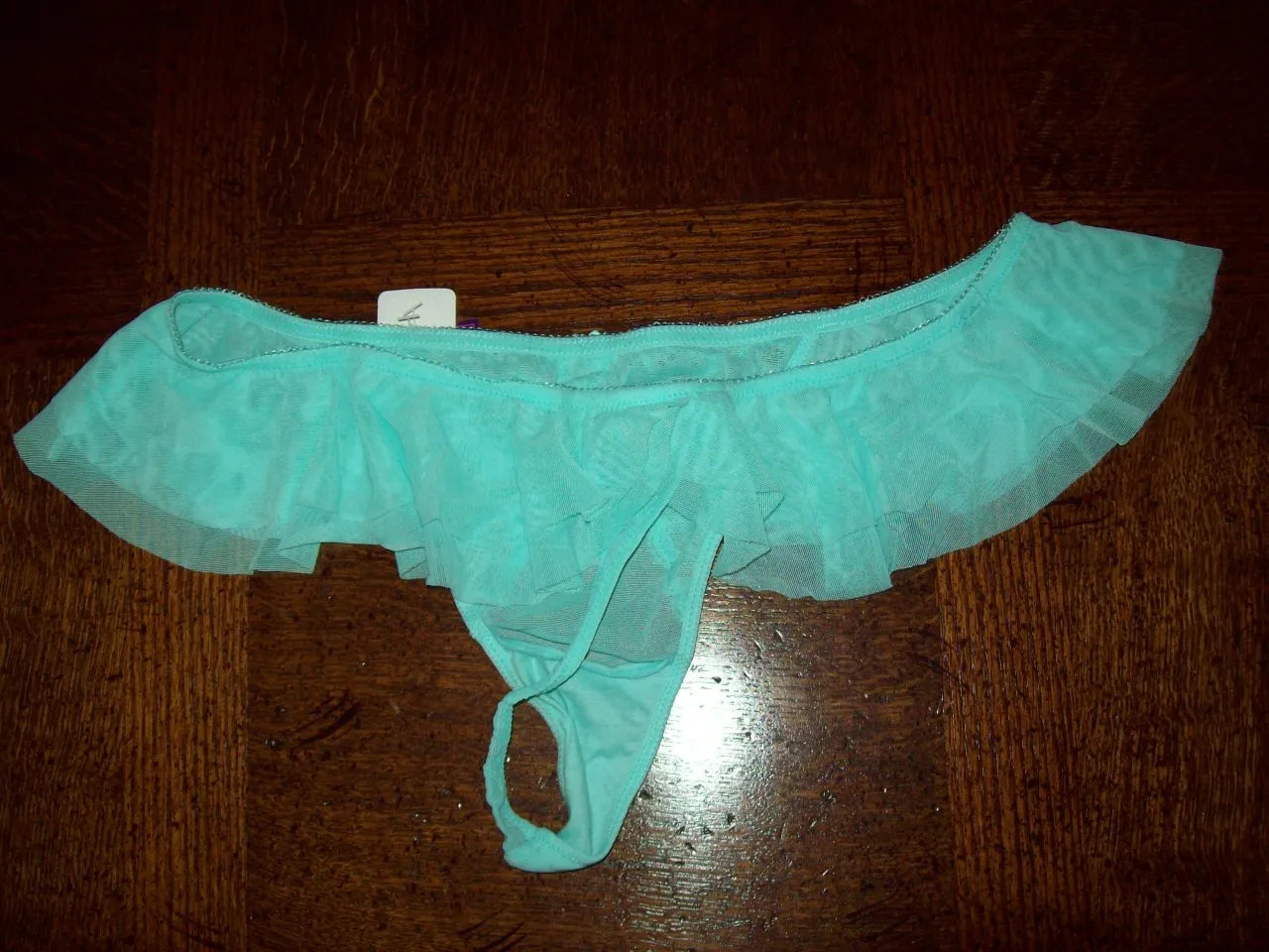 NWT SAKI SILVER NYLON SPANDEX THONG PANTIES w RUFFLE 121032 ARUBA BLUE S