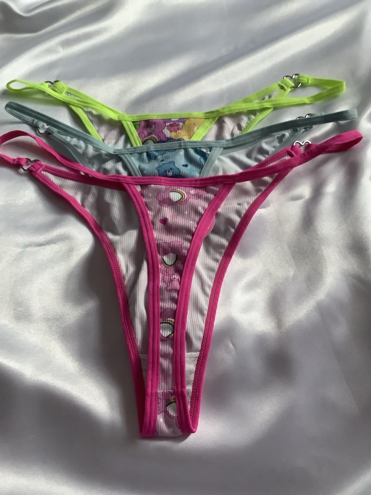 Women’s Teens Care Bears Thong Panties Kawaii Cartoon Pink Blue Green 3pk. Large