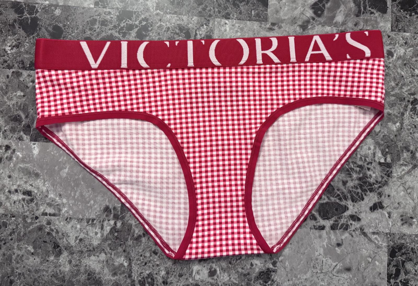 VICTORIA’S SECRET RED WHITE GINGHAM THICK EXPLODED LOGO BAND HIPHUGGER PANTIES