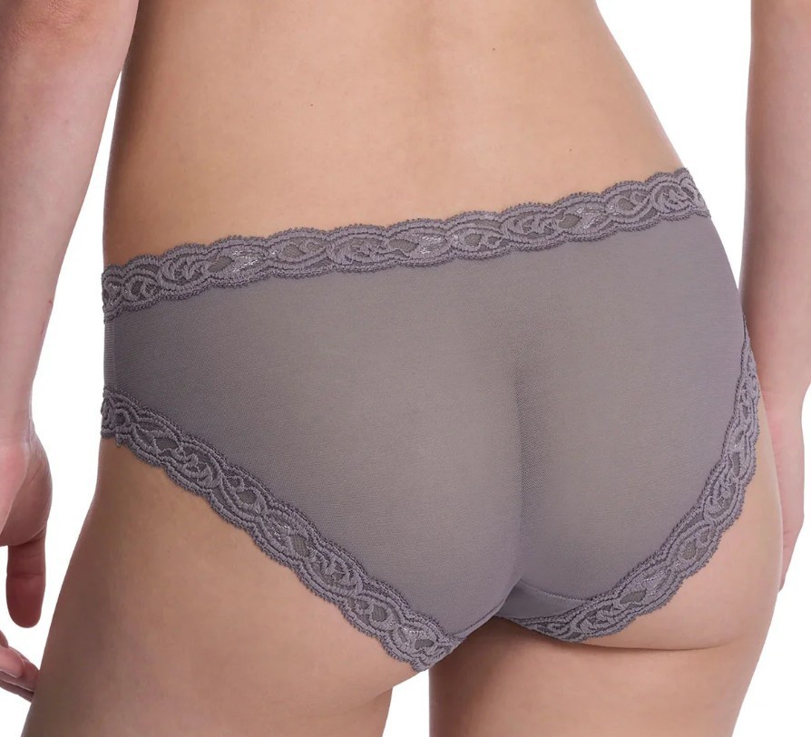NWT NATORI 753023 “Feathers” Mesh w/Lace Hipster Panty, Gray (“Nickel”)