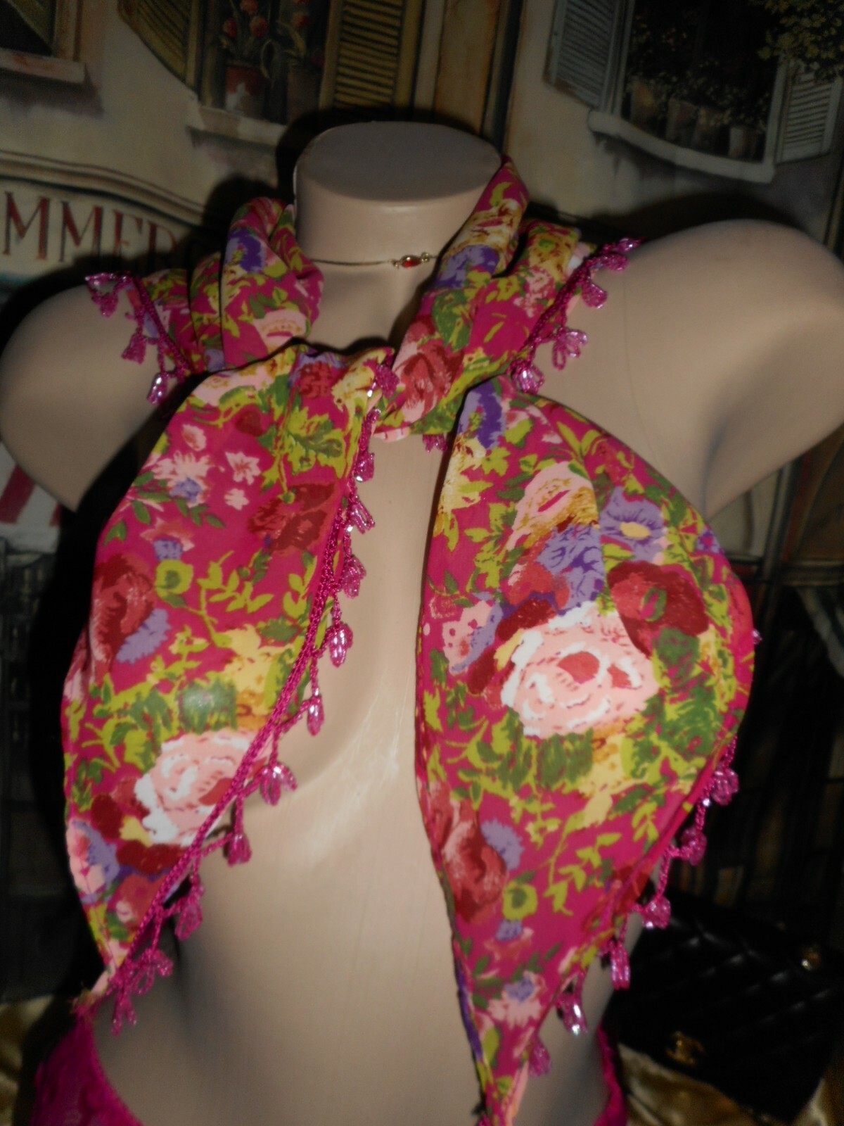 M Silk Satin Panty Low Rise M 100% Silk Magenta & Beaded Triangle Scarf