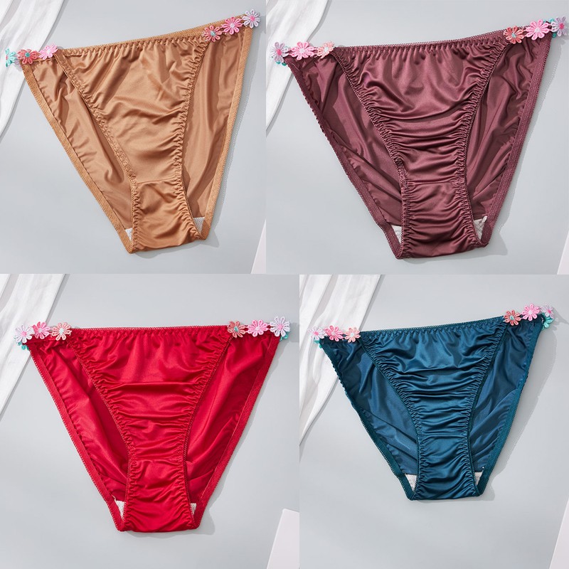 4 Pack Lot Sexy Womens Satin Panties Bikinis Briefs Underwear Flower Lingeries