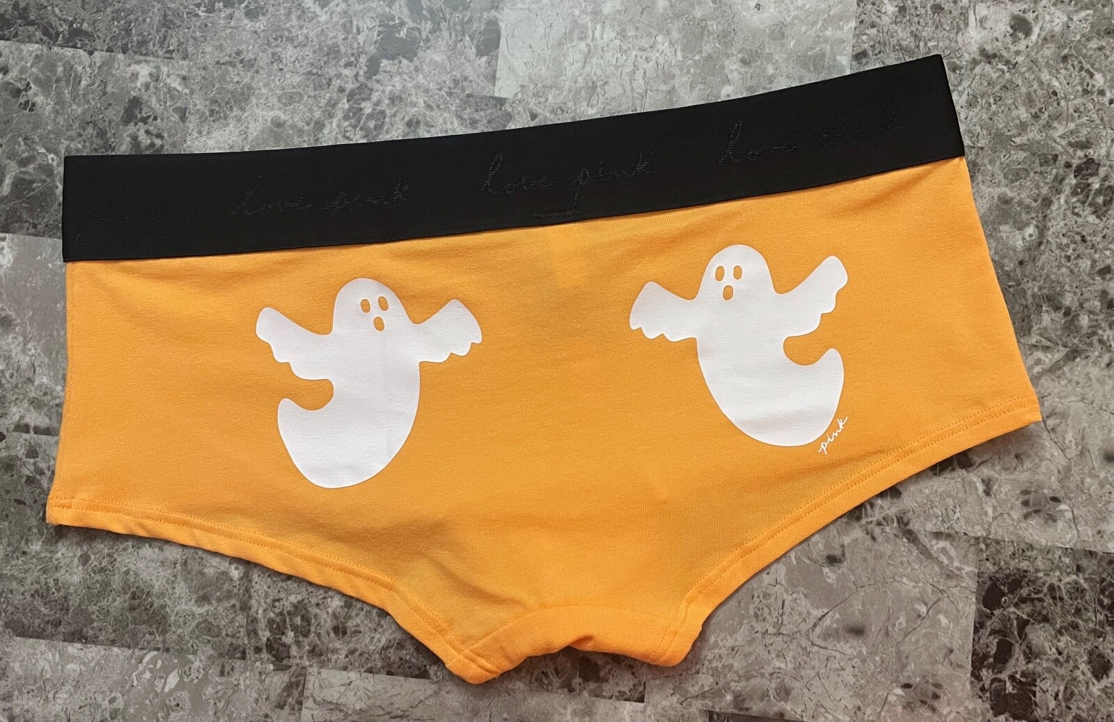 NWT VICTORIA’S SECRET PINK ORANGE WHITE GHOST HALLOWEEN BOYSHORT SHORTIE PANTIES