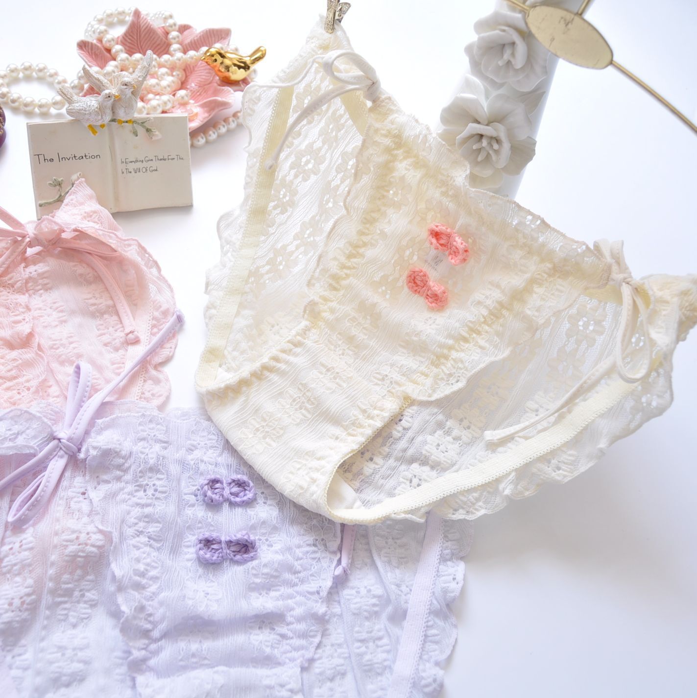 Maidens Side Tie Panties Cute Underwear Pink Knickers Bowknot Hipsters Purple