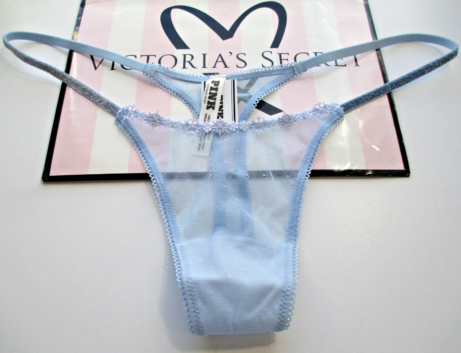 VICTORIA’S SECRET PINK High Leg Thong Panty L Blue NWT Shine Strap VS Mesh Sexy