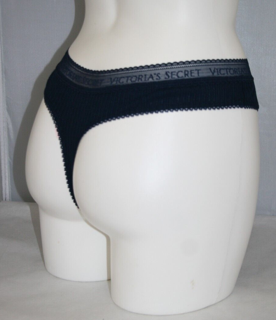Victoria’s Secret Logo Cotton Lace-Waist Thong Panty Noir Navy Rib Knit XL NEW