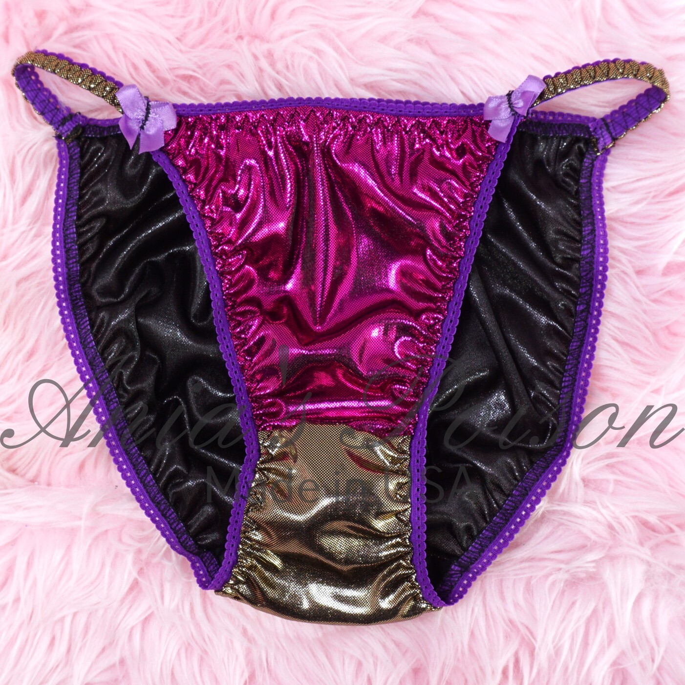 MARDI GRAS Magenta Metallic Foil Sissy DUCHESS CUT ladies string bikini panties