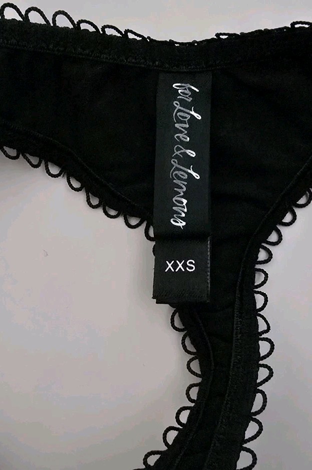 NEW! FOR LOVE AND LEMONS BUTTERFLY BLACK SATIN LACE TRIM THONG STRING PANTY! XXS