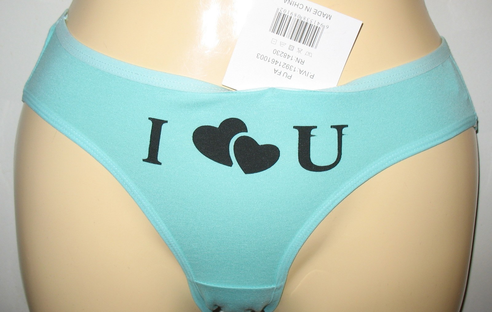 PANMANNI – NEW – SIZE SMALL – AQUA – COTTON STRETCH PANTY ” I LOVE U ” ON FRONT
