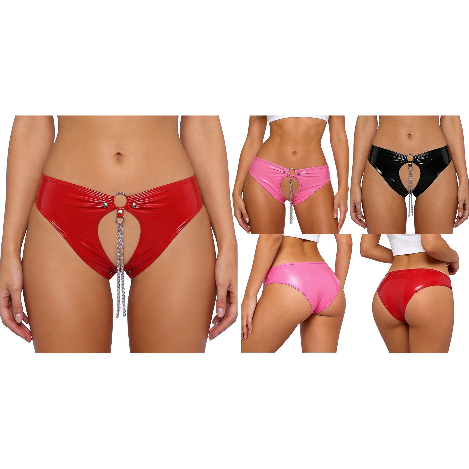 Women Shiny PVC Cutout Briefs Metal Chain High Cut Nightclub Costume Bottoms