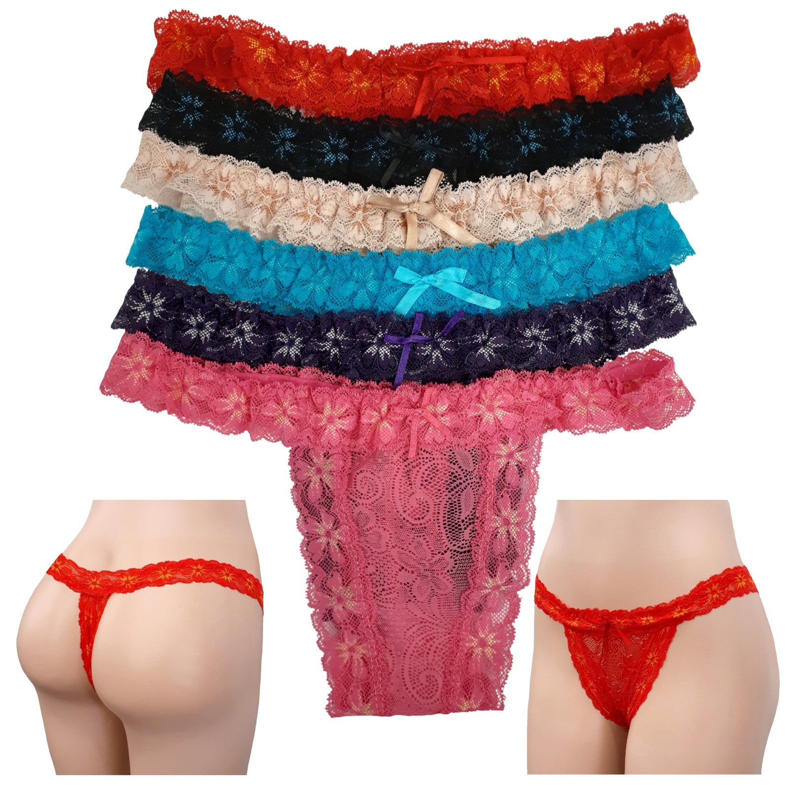 6 Women Silky Lace Lingerie Sexy thong Underwear Bicolor Thong Panties