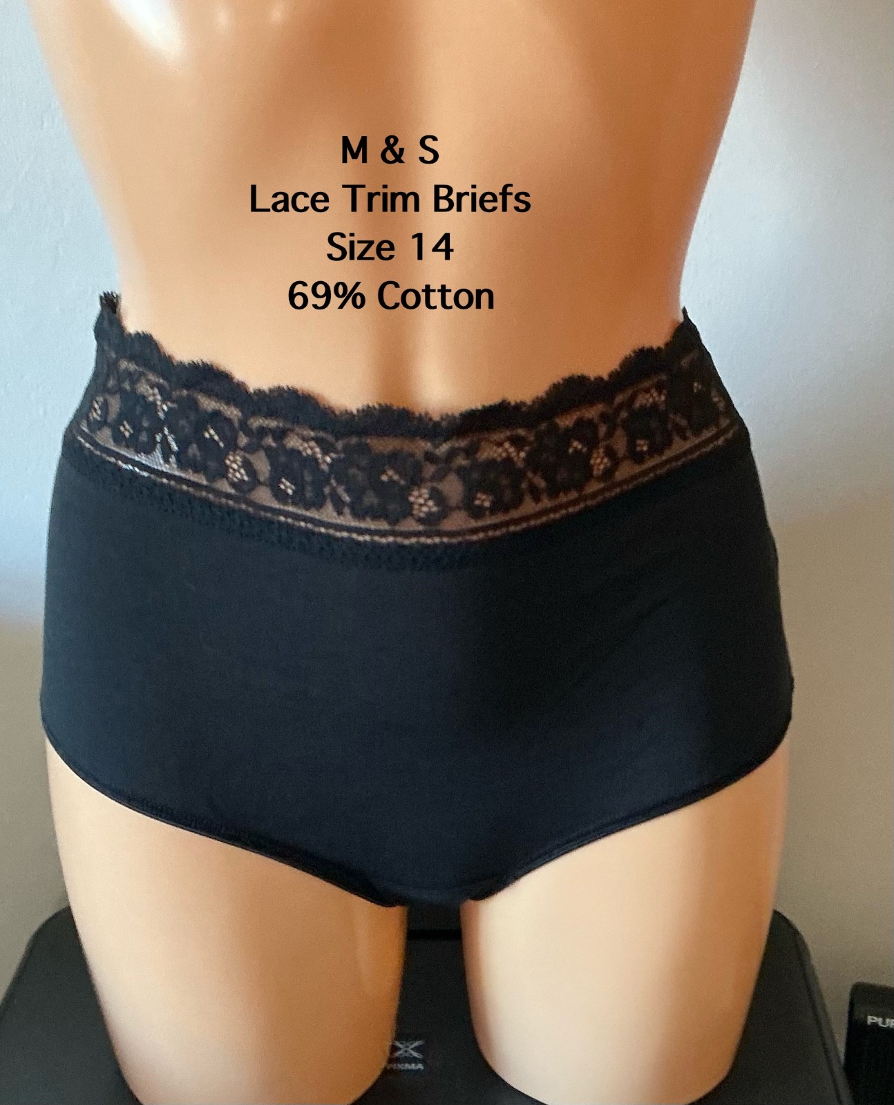 M & S LACE TRIM BRIEFS ~SIZE 14 ~ BLACK ~ 69% COTTON 23% POLY 8% ELASTANE ~ NEW
