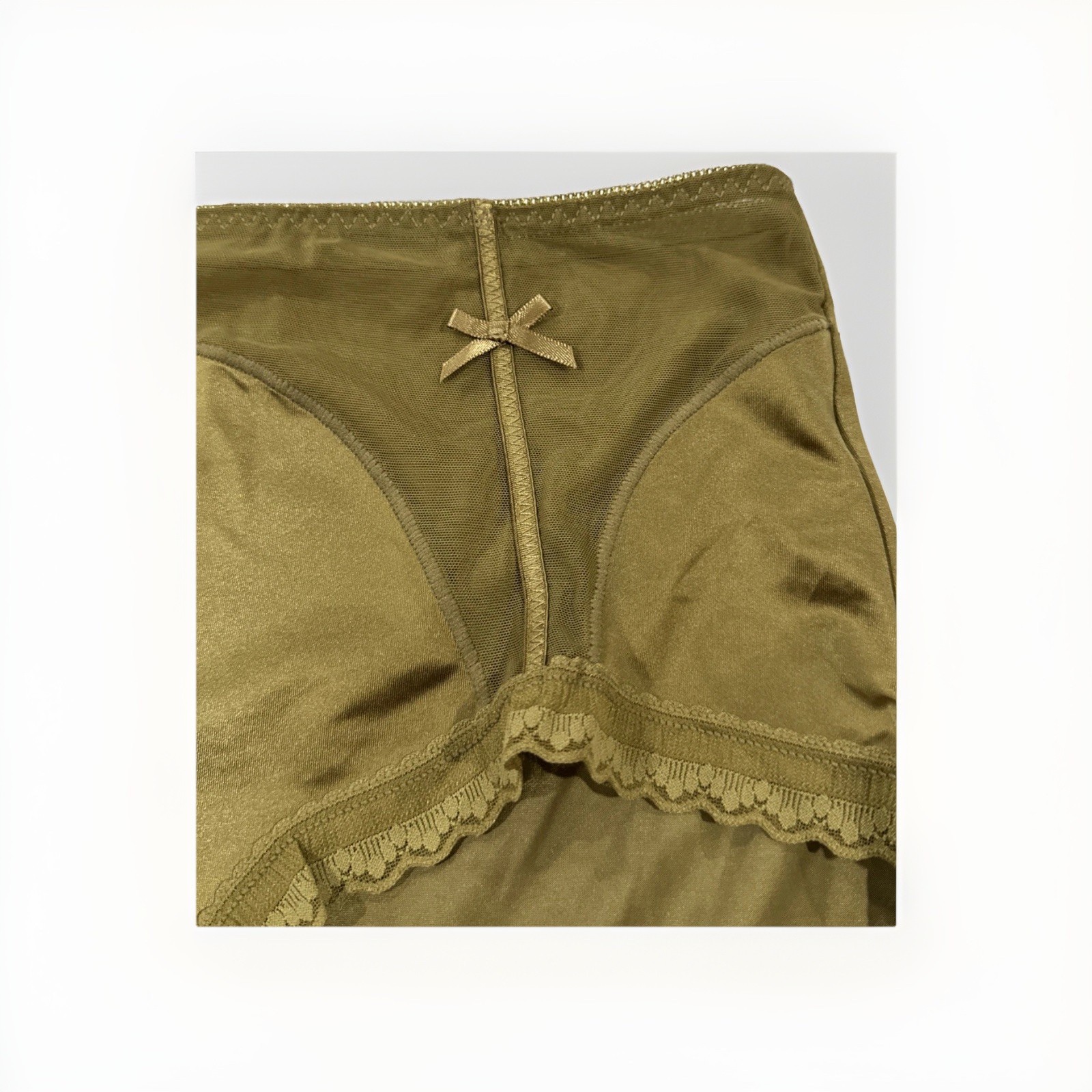 Large Olive Green Nylon Lace Spandex Blended Cotton Gusset Panties NWOT Bow Tie