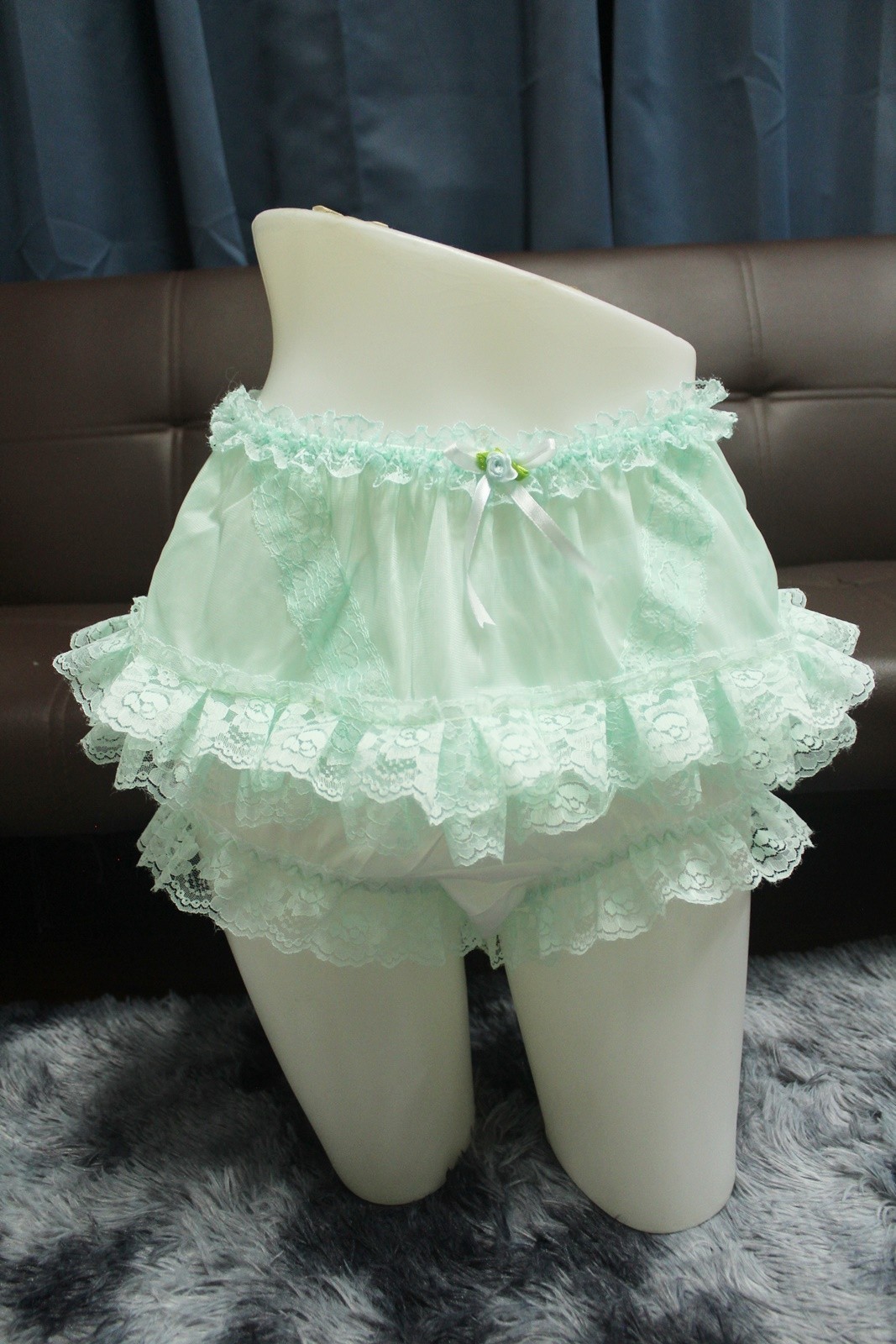 #A324 2XL/ElasticW.24-42″ Vintage Style 2PCS Green Nylon Half Slip + White Brief