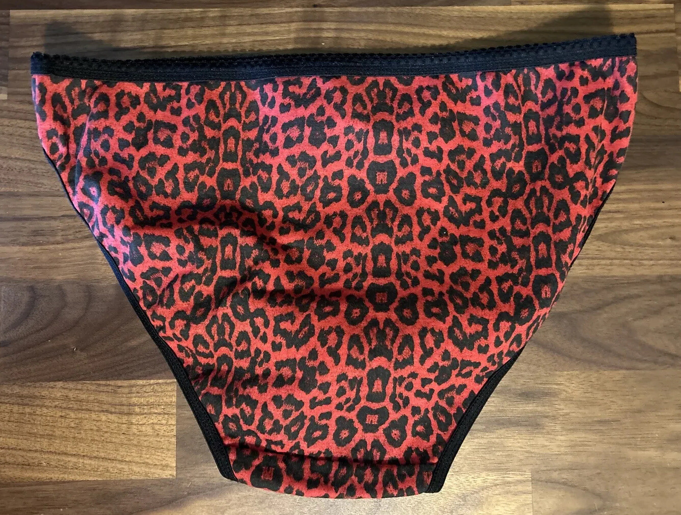 Vtg 100% Cotton Bikini Panties Leopard Print L Large Black High Cut