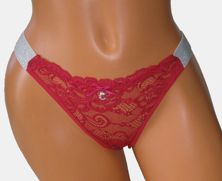 Panties Lingerie Shimmer Straps Rhinestone Accent Red Lace Thong, Small